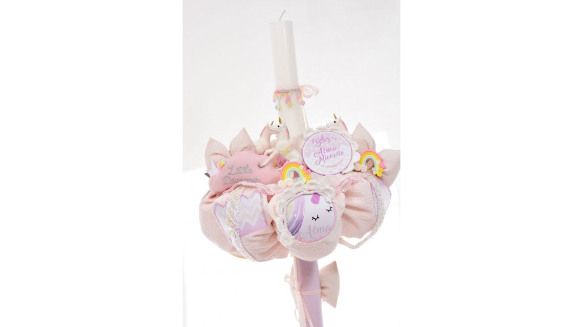 Lumanare de botez roz pentru fetite cu unicorni, 65x4cm, Baby Unicorn 1